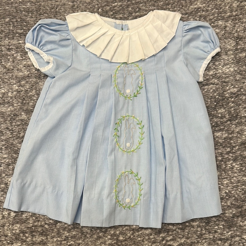 The Proper Peony Blue bunny embroidered dress with ruffle collar 12mo
